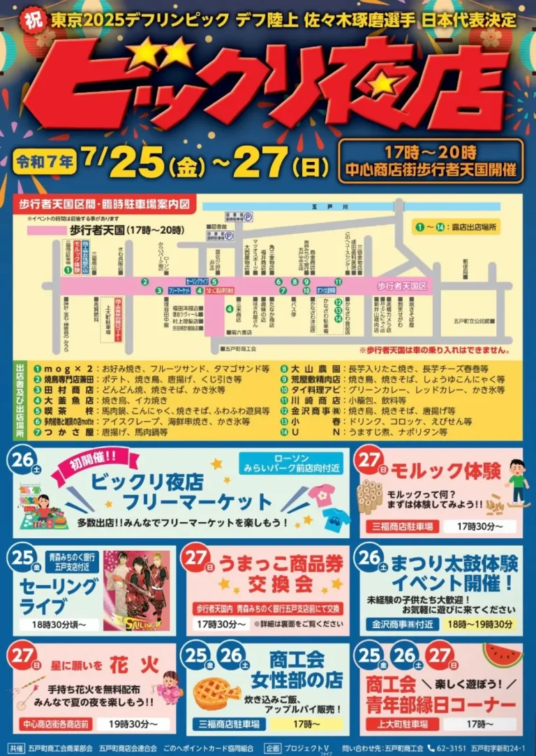 ビックリ夜店2025｜五戸町中心商店街が歩行者天国に！縁日・花火・フリマで夏を満喫｜青森県五戸町