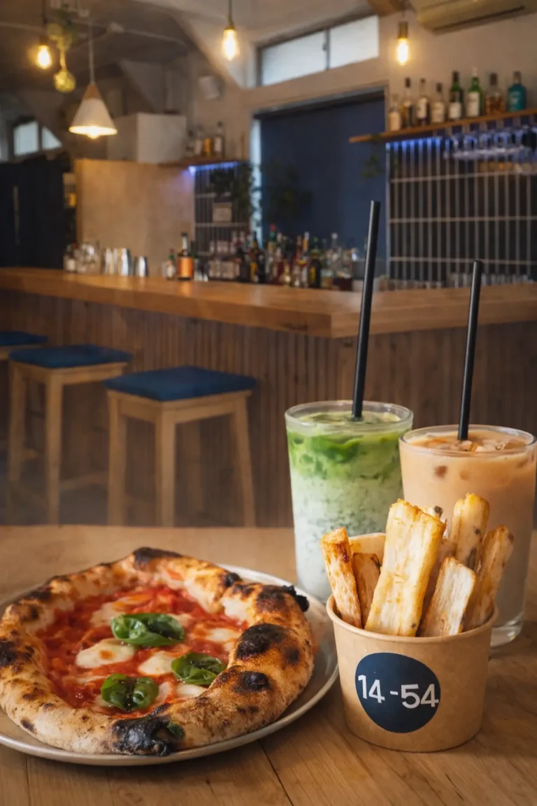14-54 PIZZERIA 十和田市 店内で提供されるピザとドリンクの画像