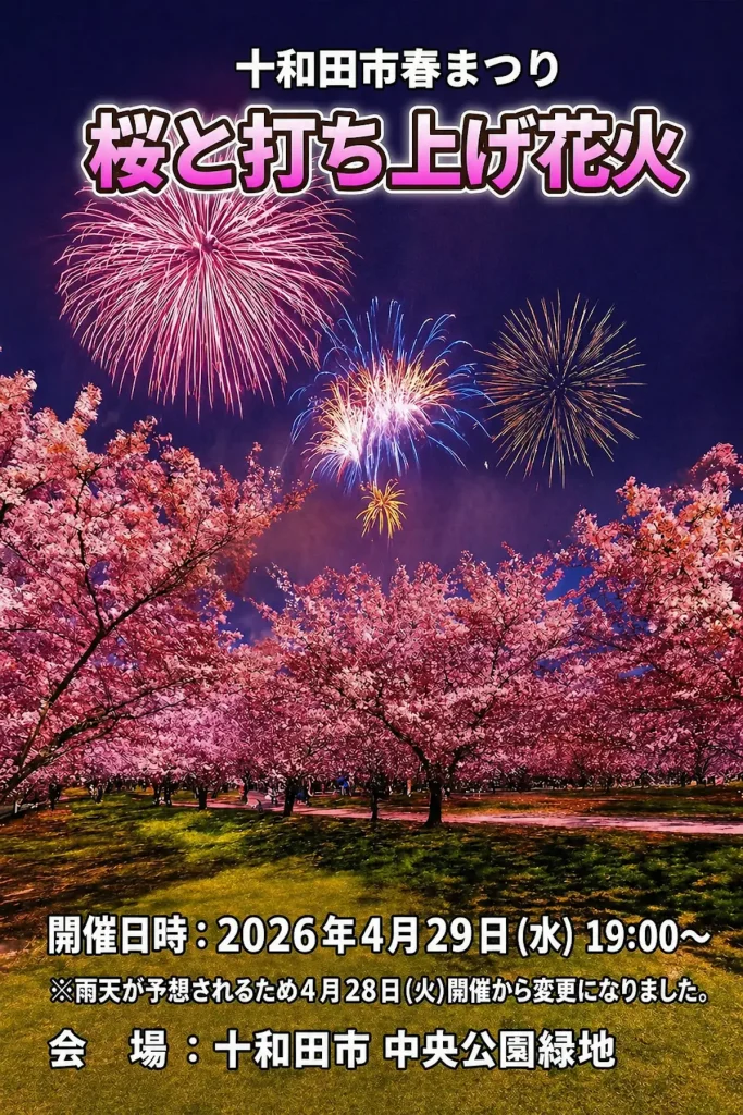 桜と打ち上げ花火 | 4/29(水) 中央公園緑地で開催 |  青森県十和田市
