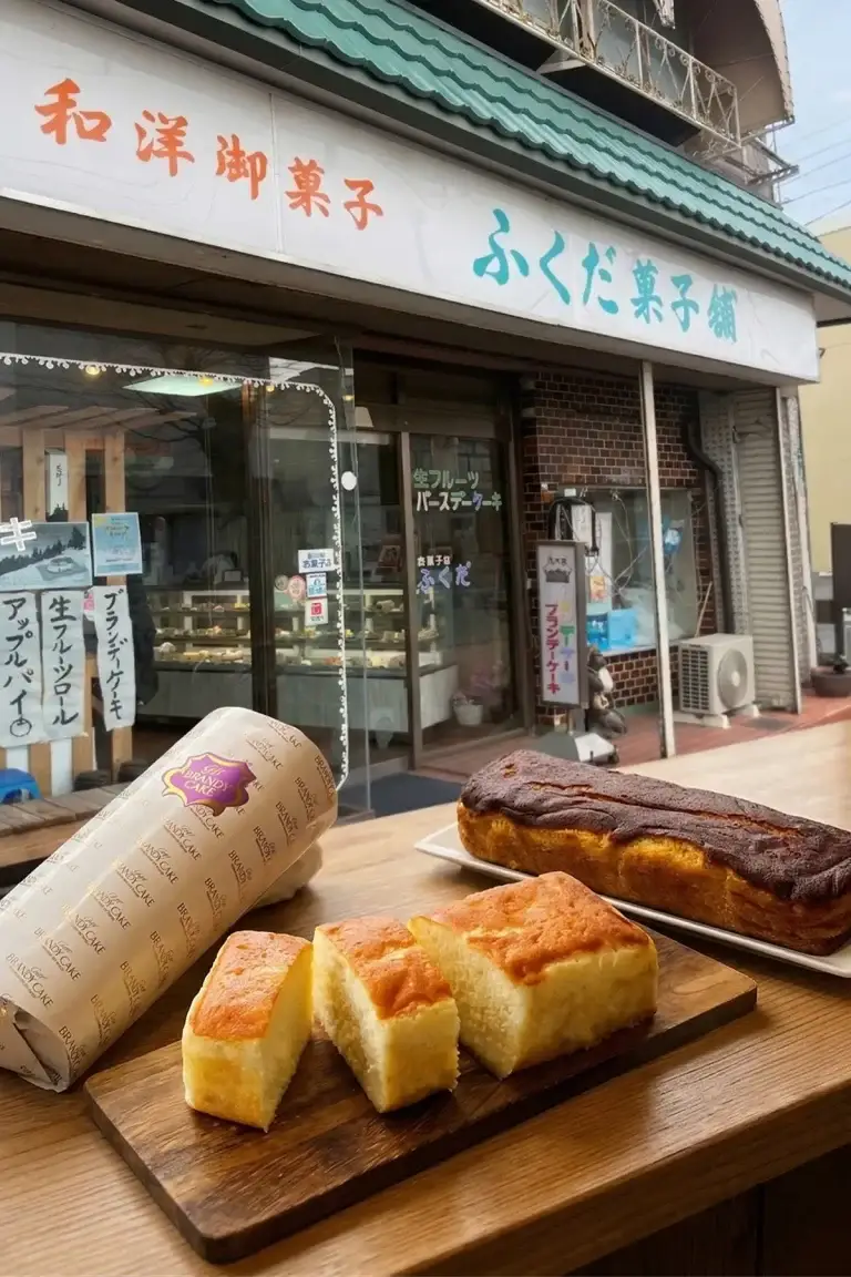ふくだ菓子舗｜十和田市｜店舗前で撮影したブランデーケーキ
