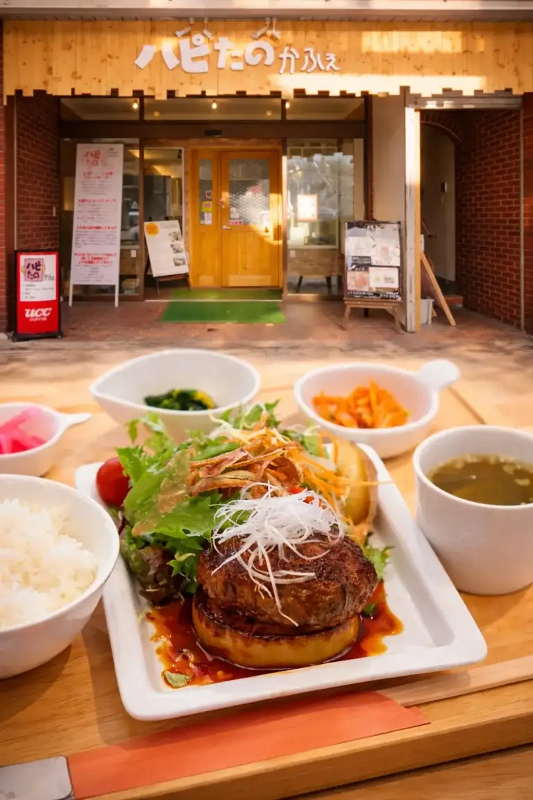 ハピたのカフェ 十和田市 店舗外観とランチプレートの写真