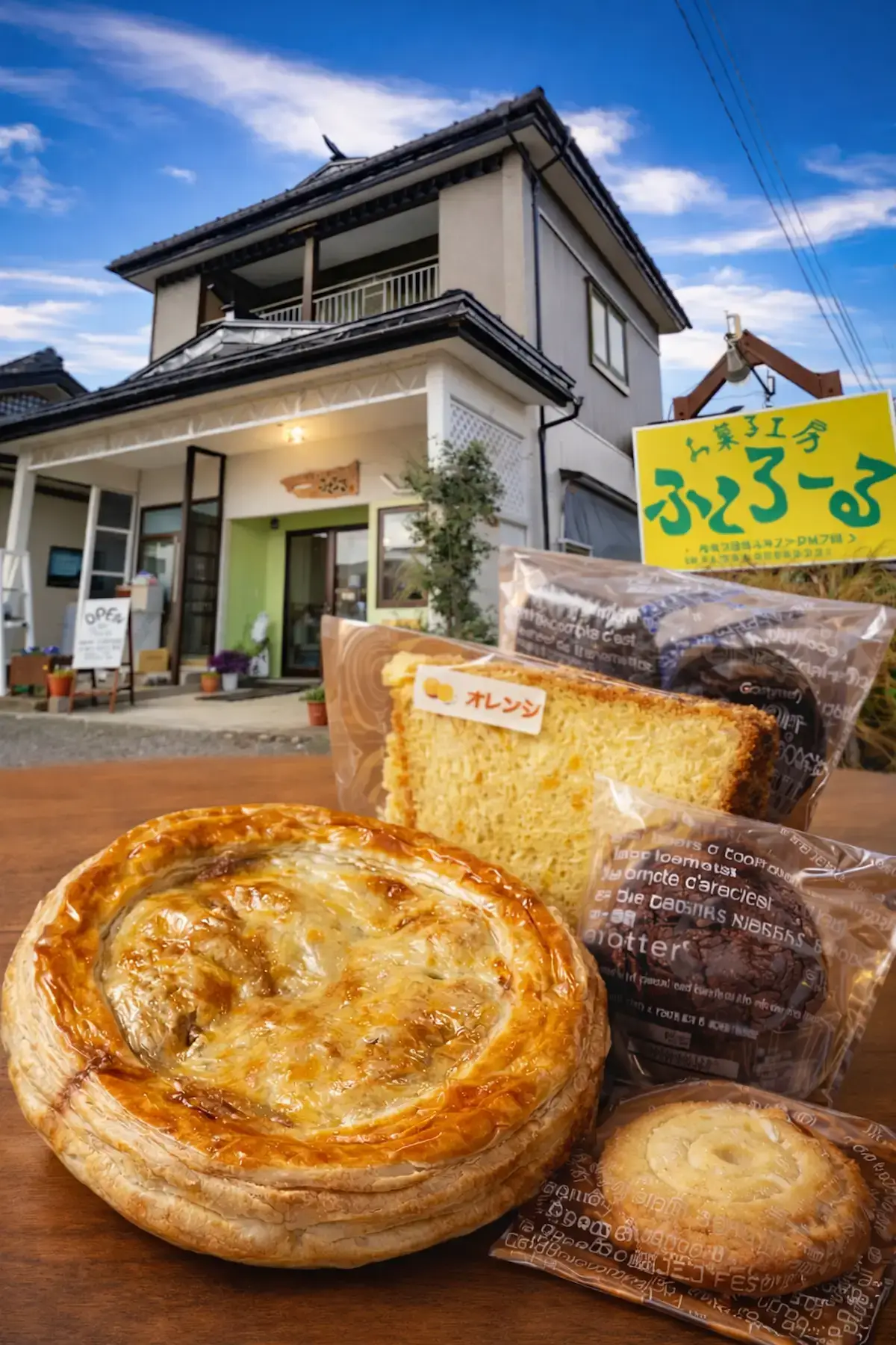 お菓子工房ふくろーる 十和田市法量 店舗外観と焼きプリン・パウンドケーキ・アップルパイの画像