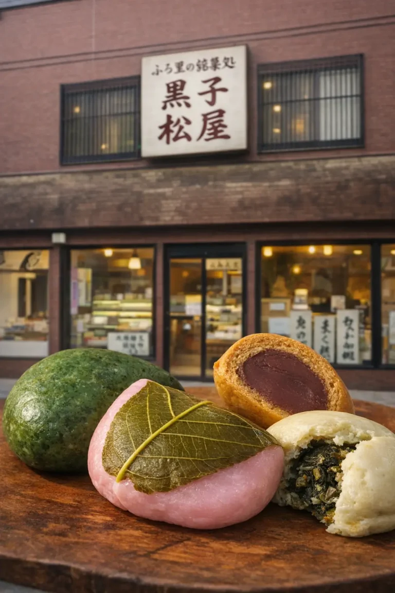 黒子松屋 十和田市西金崎 店舗外観と「桜餅」「よもぎ餅」「高菜そば饅頭」「かっぱ饅頭」の画像