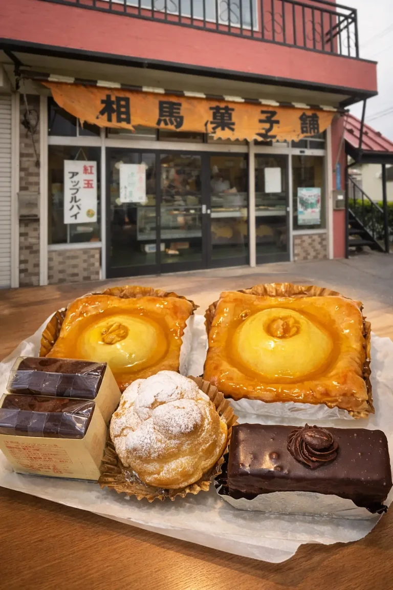 相馬菓子舗 十和田市 店舗外観と和洋菓子のイメージ