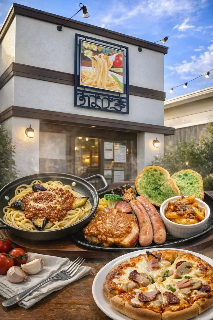 すぱげ亭 十和田市 店舗外観とパスタ・ピザ・鉄板メニューのイメージ