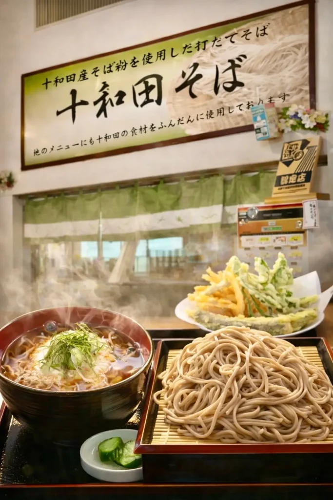 十和田そば 十和田市 道の駅とわだぴあ 店舗外観とそばの料理写真