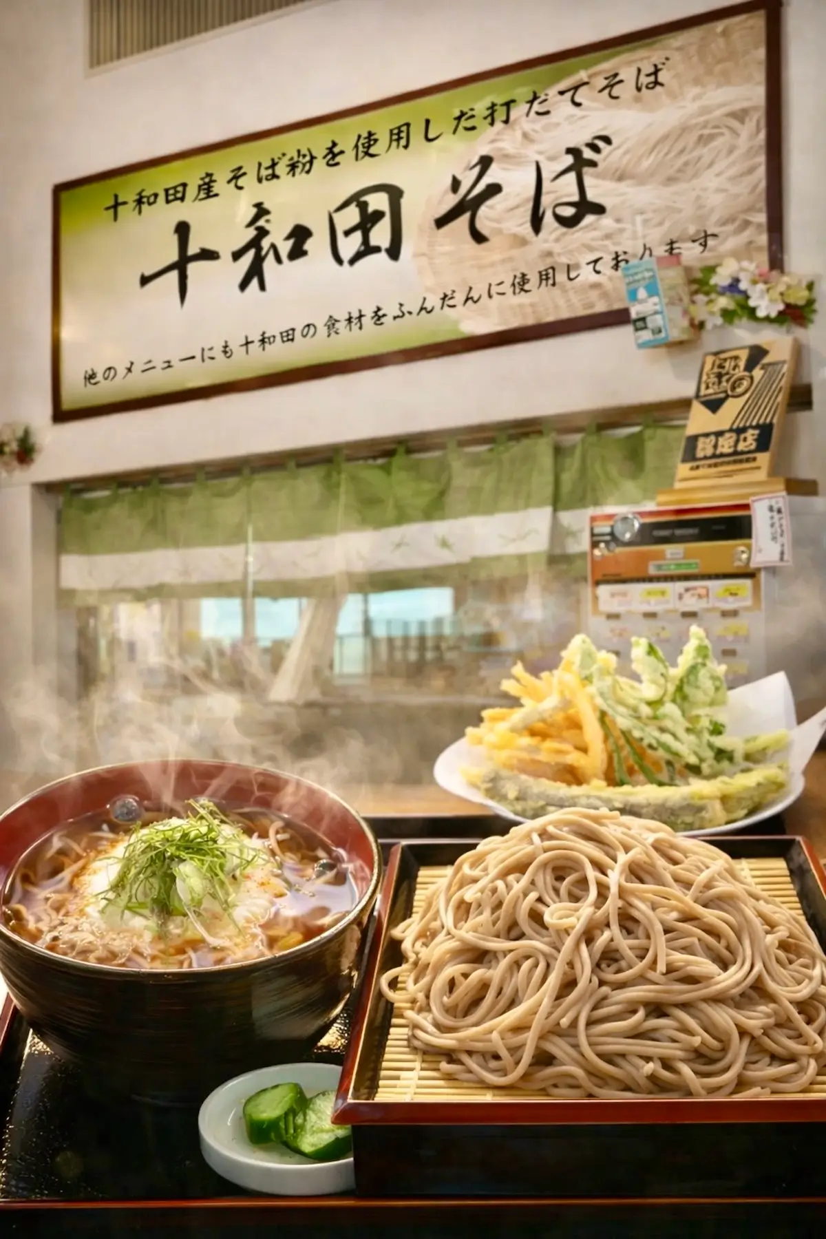 十和田そば 十和田市 道の駅とわだぴあ 店舗外観とそばの料理写真