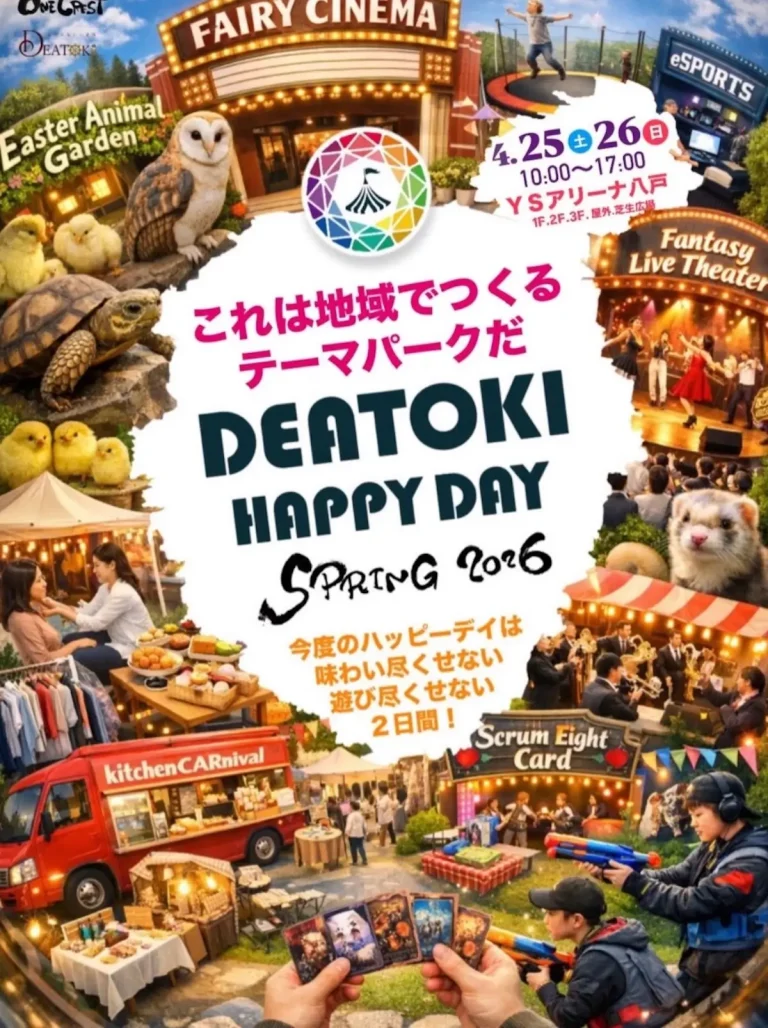 DEATOKI HAPPY DAY SPRING 2026 八戸市 YSアリーナ八戸で開催されるテーマパークイベントのポスター