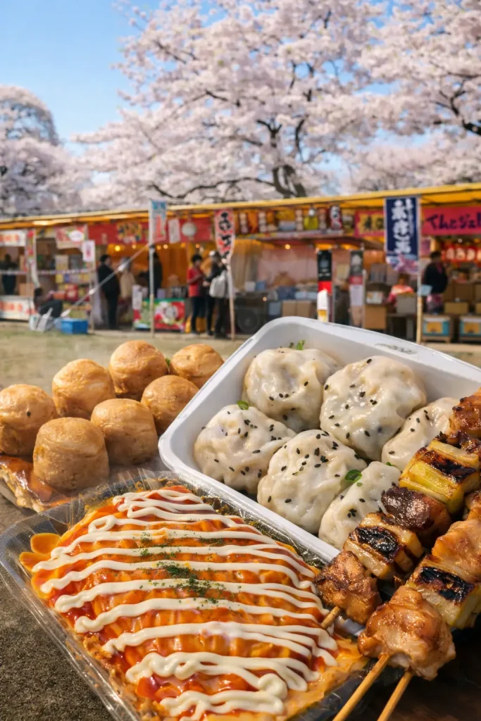 十和田市の桜開花シーズン到来!訪れたい観光スポット・春イベントまとめ 14 青空商店街 十和田市春まつり 桜の下に並ぶ露店グルメの写真