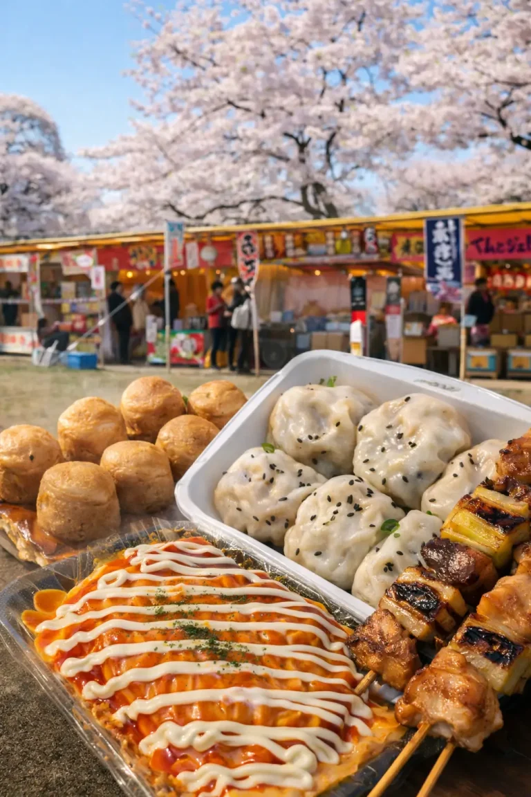 青空商店街 十和田市春まつり 桜の下に並ぶ露店グルメの写真