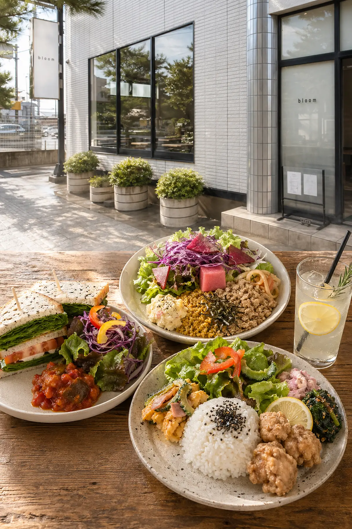 bloom cafe 十和田店のランチプレートと店舗外観