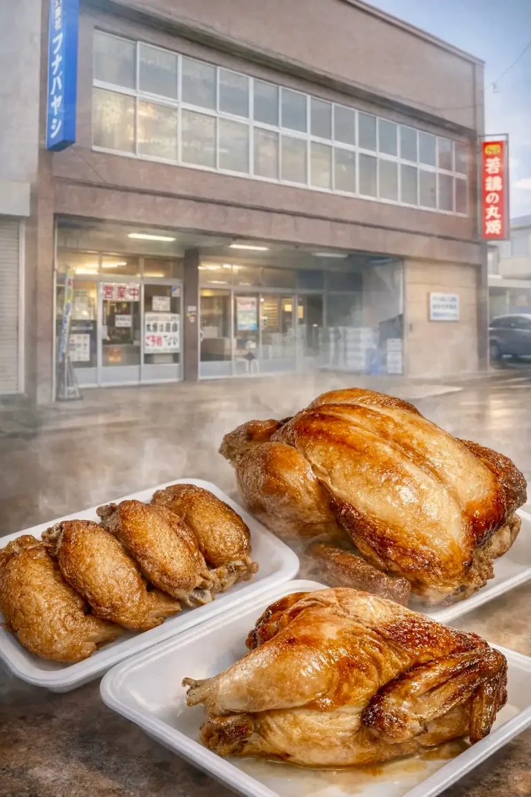 フナバヤシの店舗前に並ぶ若鶏の丸焼きと鶏惣菜｜青森県十和田市