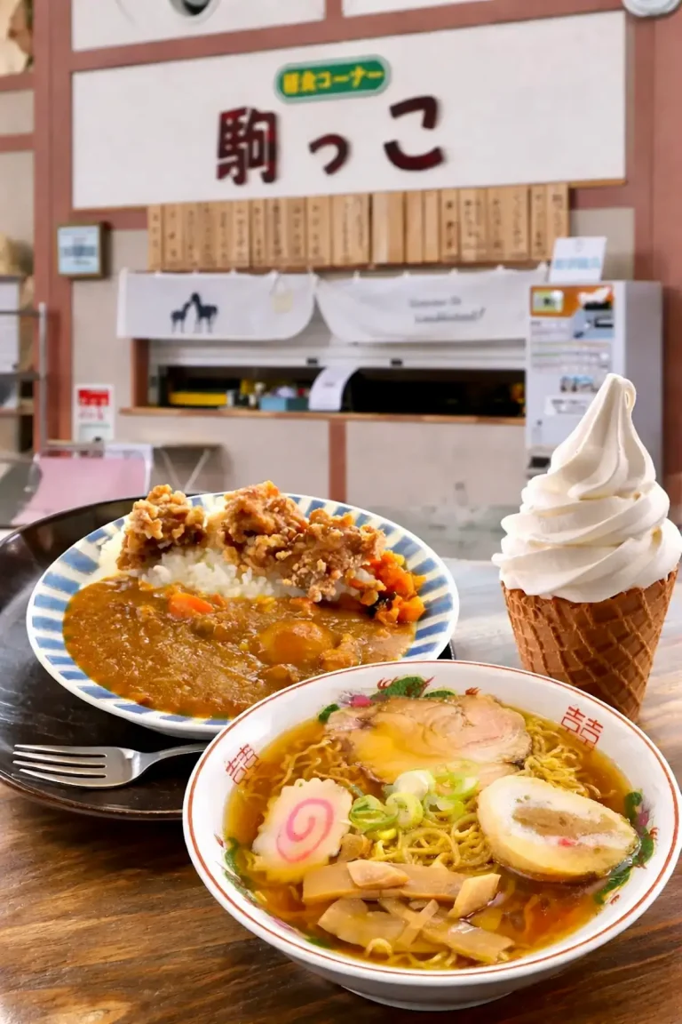 軽食 駒っこ 十和田市馬事公苑 駒っこランド交流館内のラーメンと唐揚げ、ソフトクリームの画像