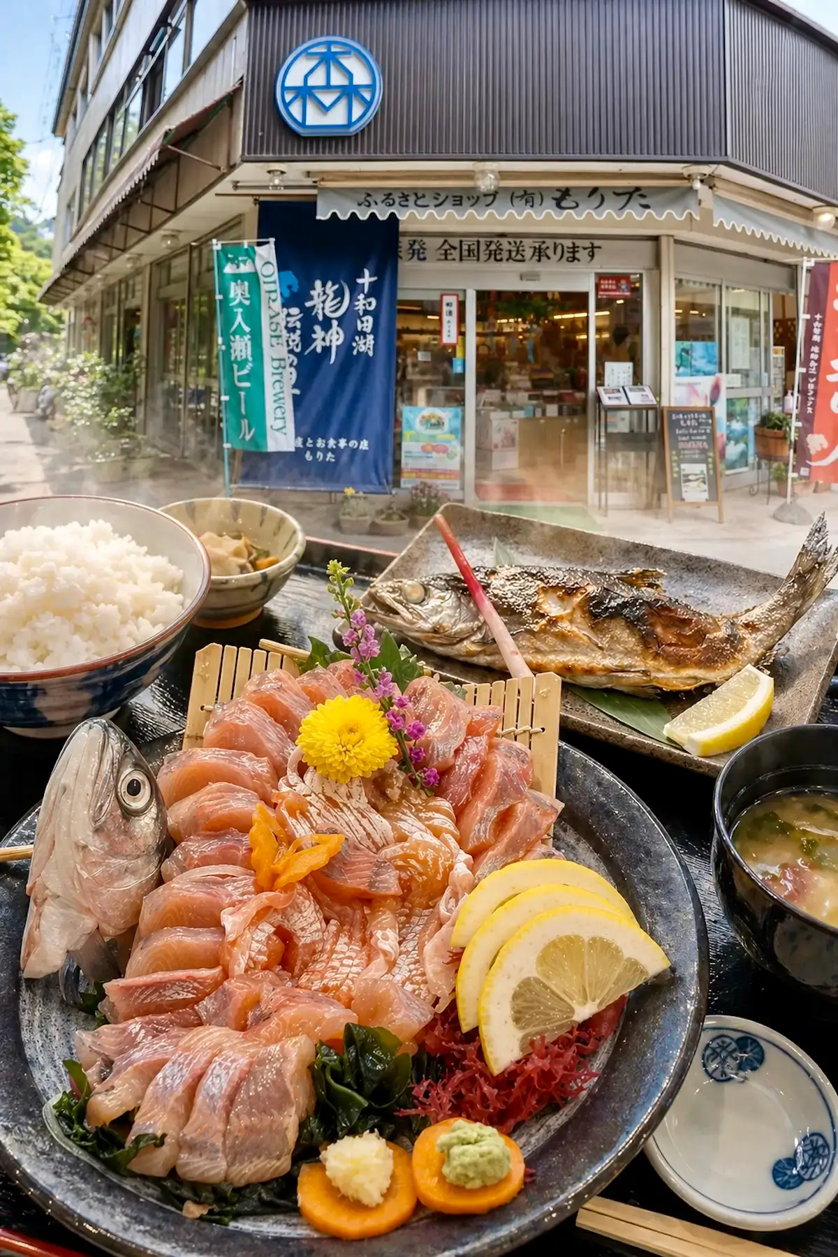 お土産とお食事の店もりた 十和田湖ひめます料理と店舗外観