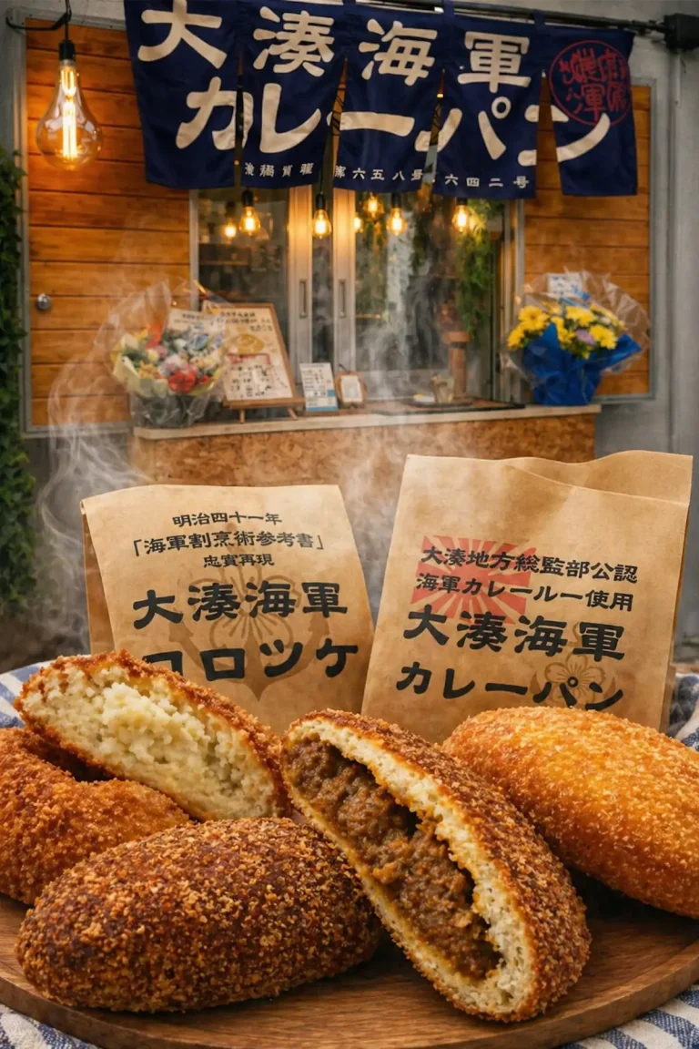 大湊海軍カレーパンののれんと、カレーパン3個（断面）の写真