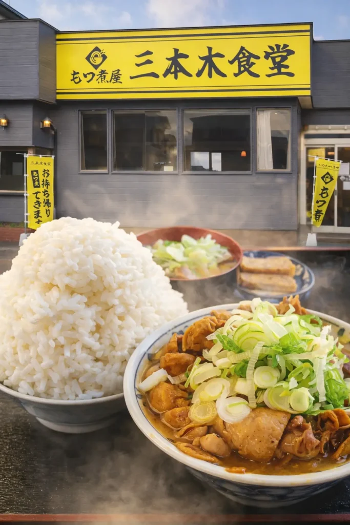 もつ煮屋 三本木食堂 十和田市 店舗外観と定食のアイキャッチ画像