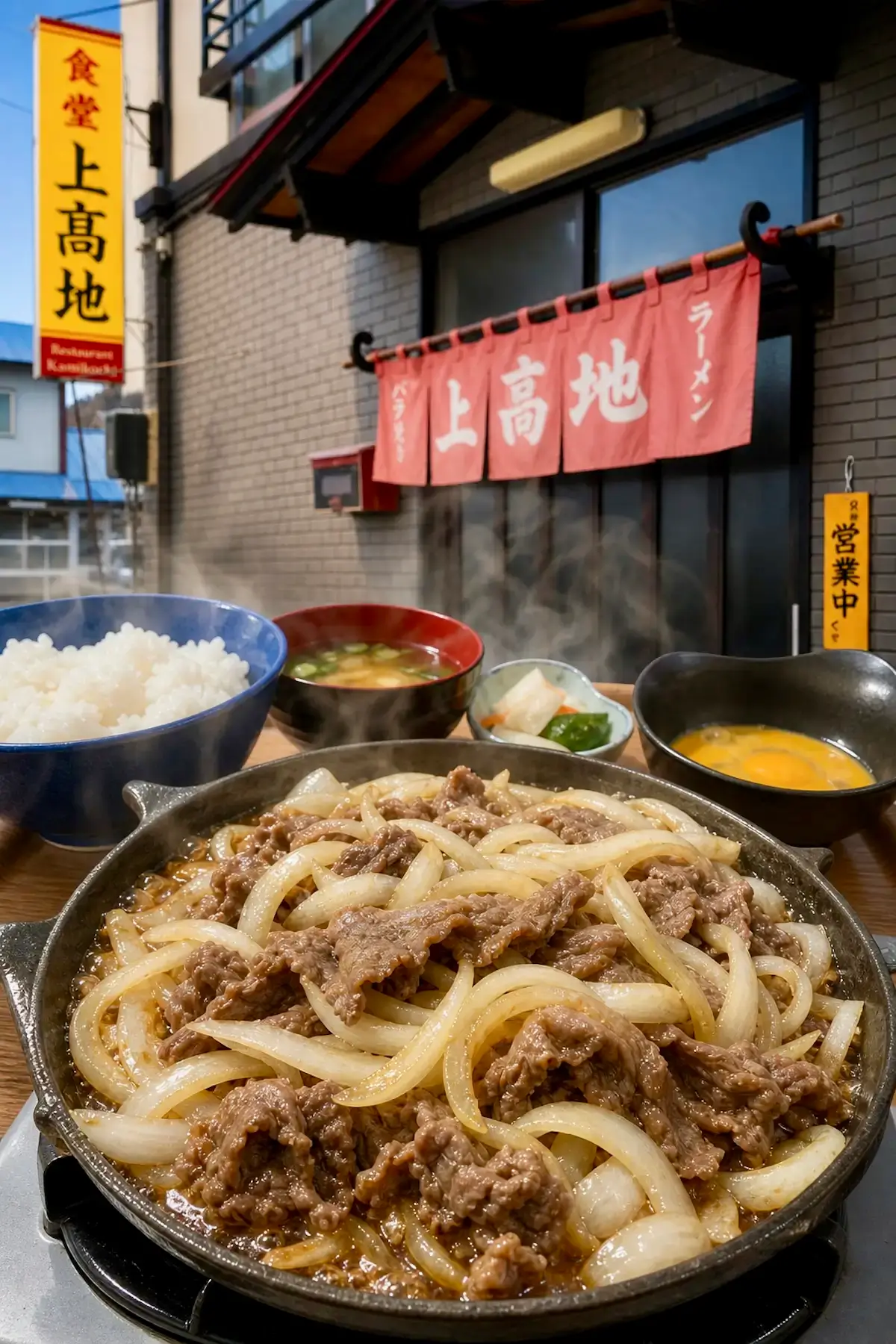 食堂上高地 十和田市焼山 店舗外観と十和田バラ焼きの鉄板料理