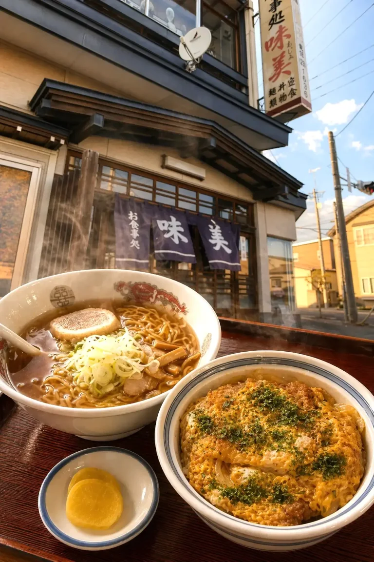 食事処 味美のラーメンセットと店舗外観
