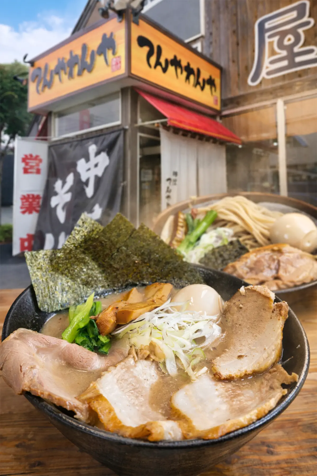 麺屋てんやわんや 十和田市 ラーメンの外観とラーメンの画像