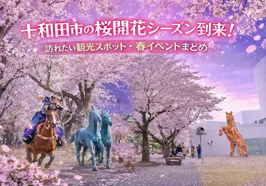十和田市の桜開花シーズン到来!訪れたい観光スポット・春イベントまとめ 1 十和田市の桜開花シーズン到来!訪れたい観光スポット・春イベントまとめのアイキャッチ画像。桜並木、流鏑馬、官庁街通りのアート広場を合成した春の十和田市イメージ