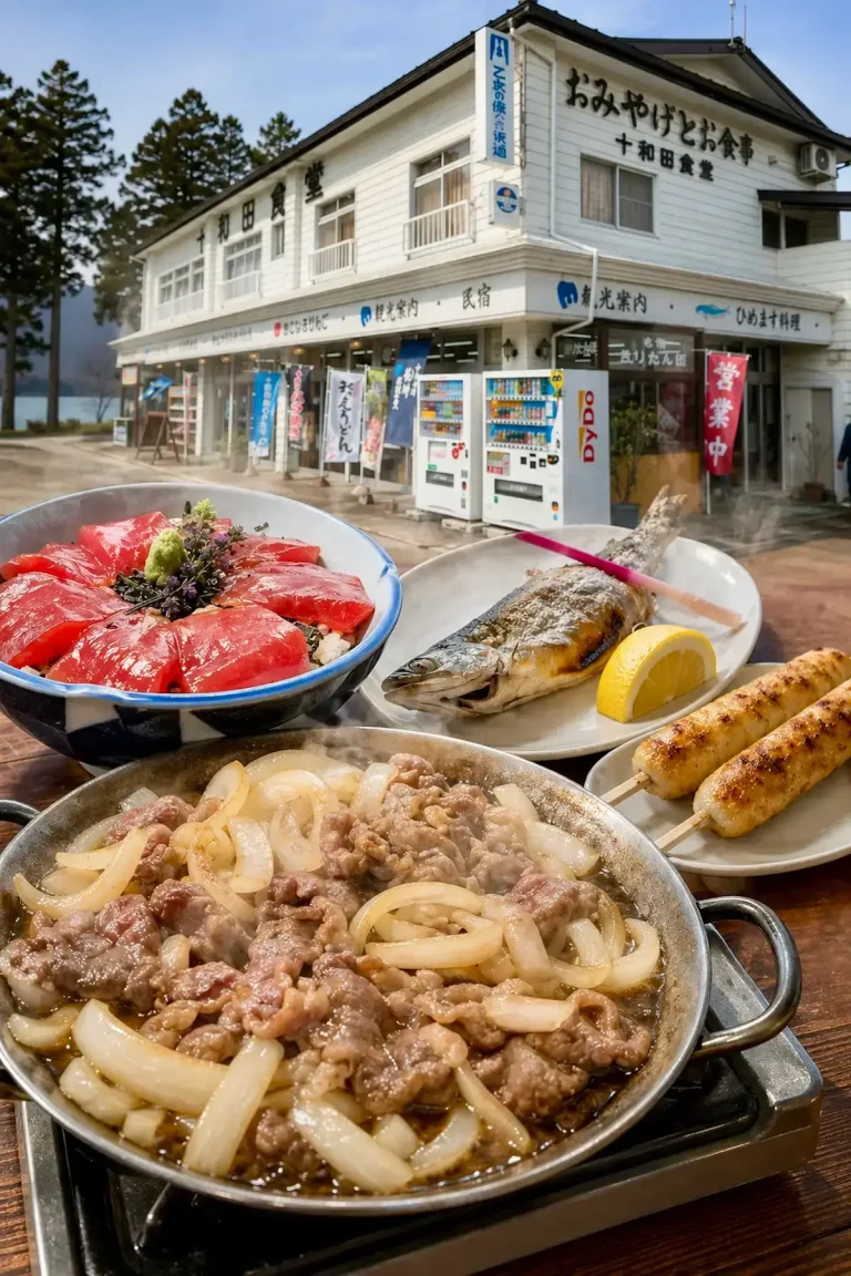 十和田湖休屋エリアにある十和田食堂の外観と十和田湖ひめます料理、十和田バラ焼きの紹介画像