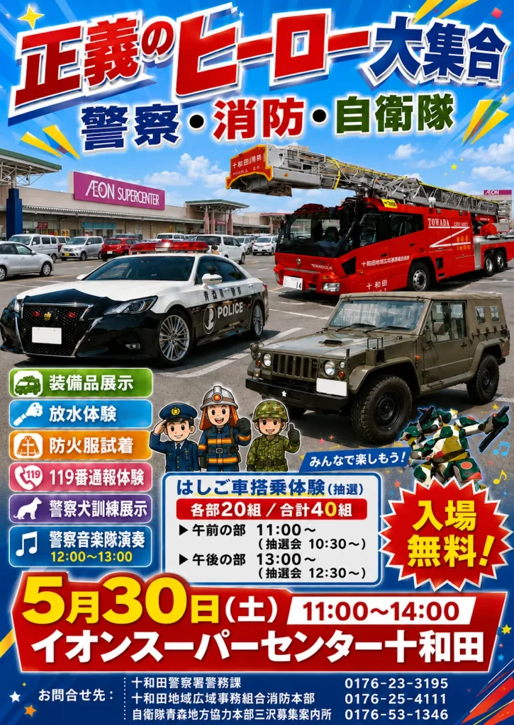 正義のヒーロー大集合 警察・消防・自衛隊 | 5/30(土) | 車両展示やはしご車搭乗体験を楽しめる・イオンスーパーセンター 十和田店で開催 | 青森県十和田市