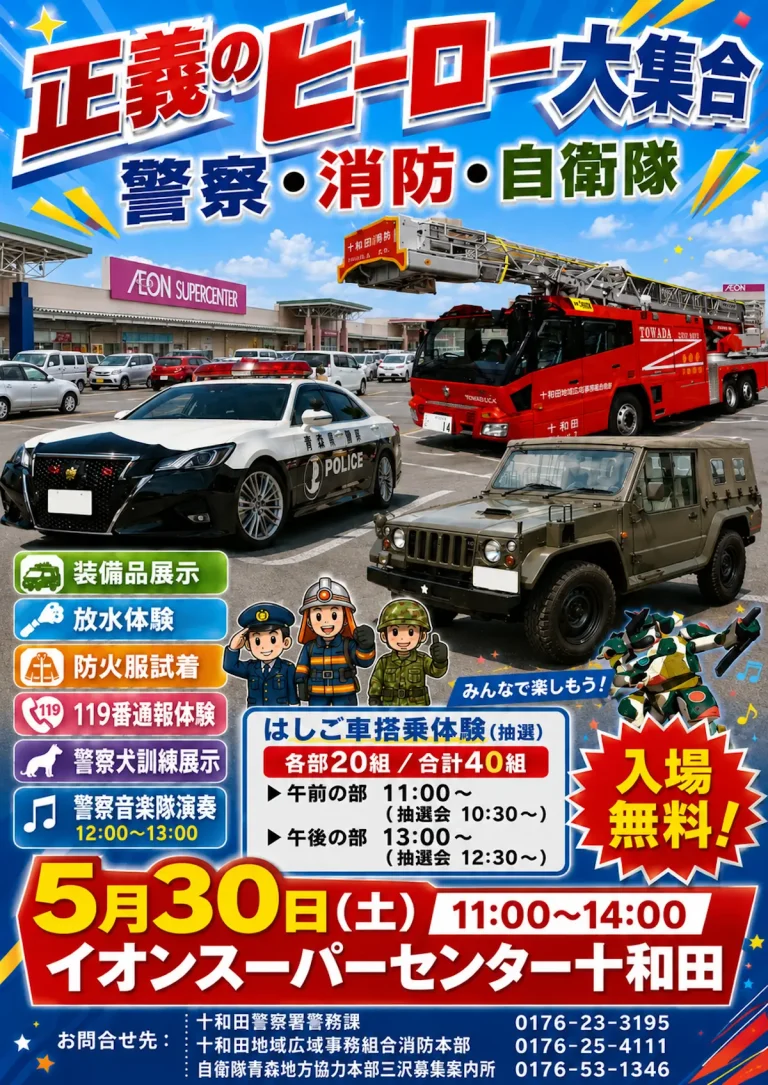 正義のヒーロー大集合 警察・消防・自衛隊 青森県十和田市の警察・消防・自衛隊車両展示・体験イベント告知ポスター