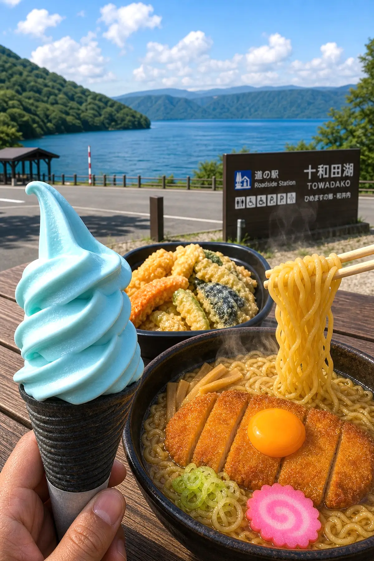 道の駅十和田湖のレイクブルーソフトクリームとこさかまちかつらーめん、十和田湖ひめます天丼の写真