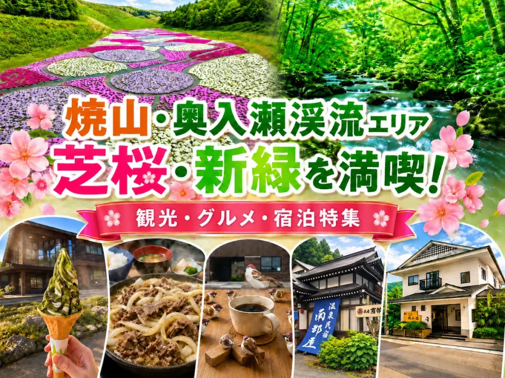 奥入瀬渓流温泉スキー場の芝桜と奥入瀬渓流の新緑|焼山・奥入瀬渓流エリアの観光・グルメ・宿泊特集 1 焼山・奥入瀬渓流エリアの芝桜と新緑、グルメ、宿泊施設を紹介する特集アイキャッチ画像