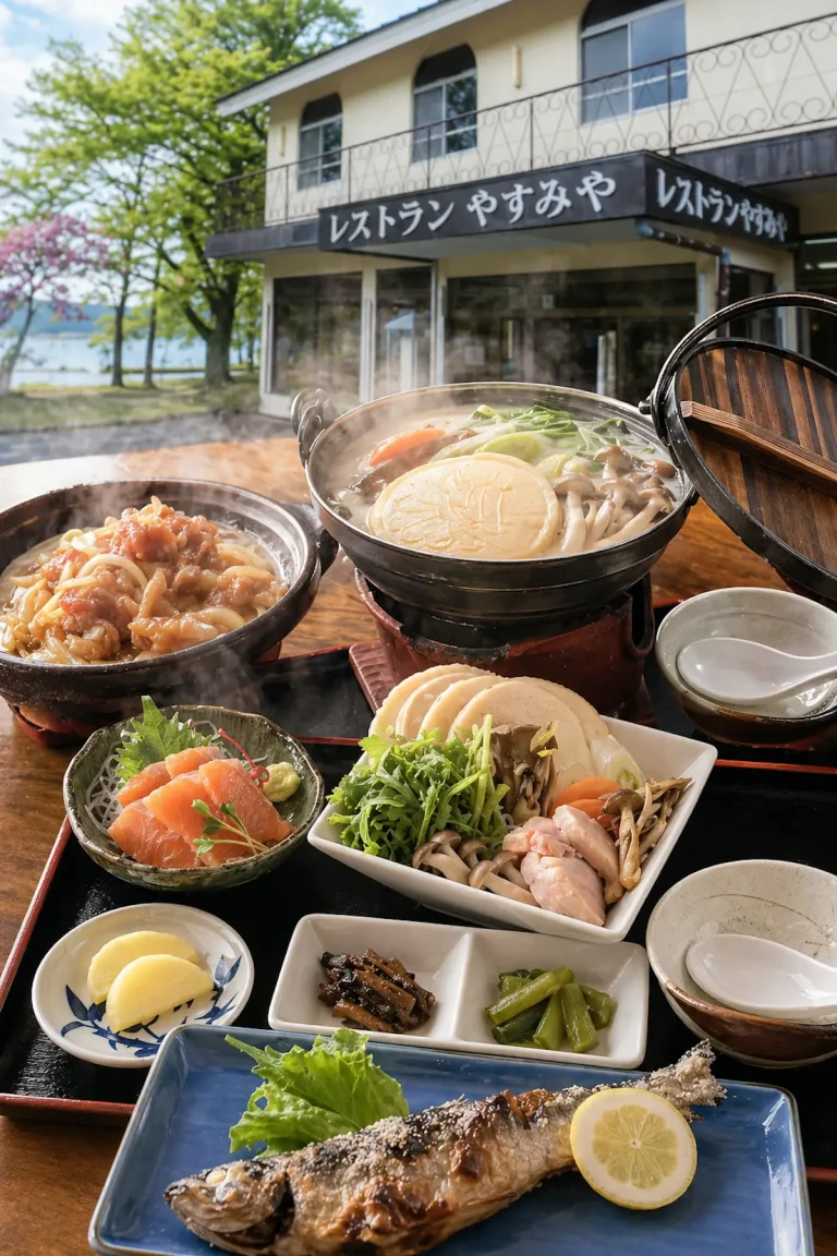 レストランやすみやのひめます料理ときりたんぽ鍋の食事写真