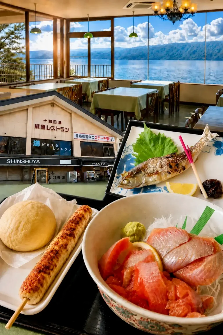 湖が見える展望レストラン 信州屋 1 湖が見える展望レストラン信州屋の外観と十和田湖、天然ひめます料理の紹介画像