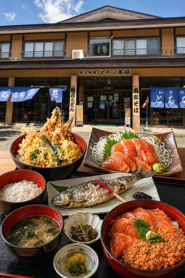 十和田湖畔の食事処 とちの茶屋の外観と、ヒメマス塩焼き定食、サクラマスのお刺身、きりたんぽ鍋などの料理