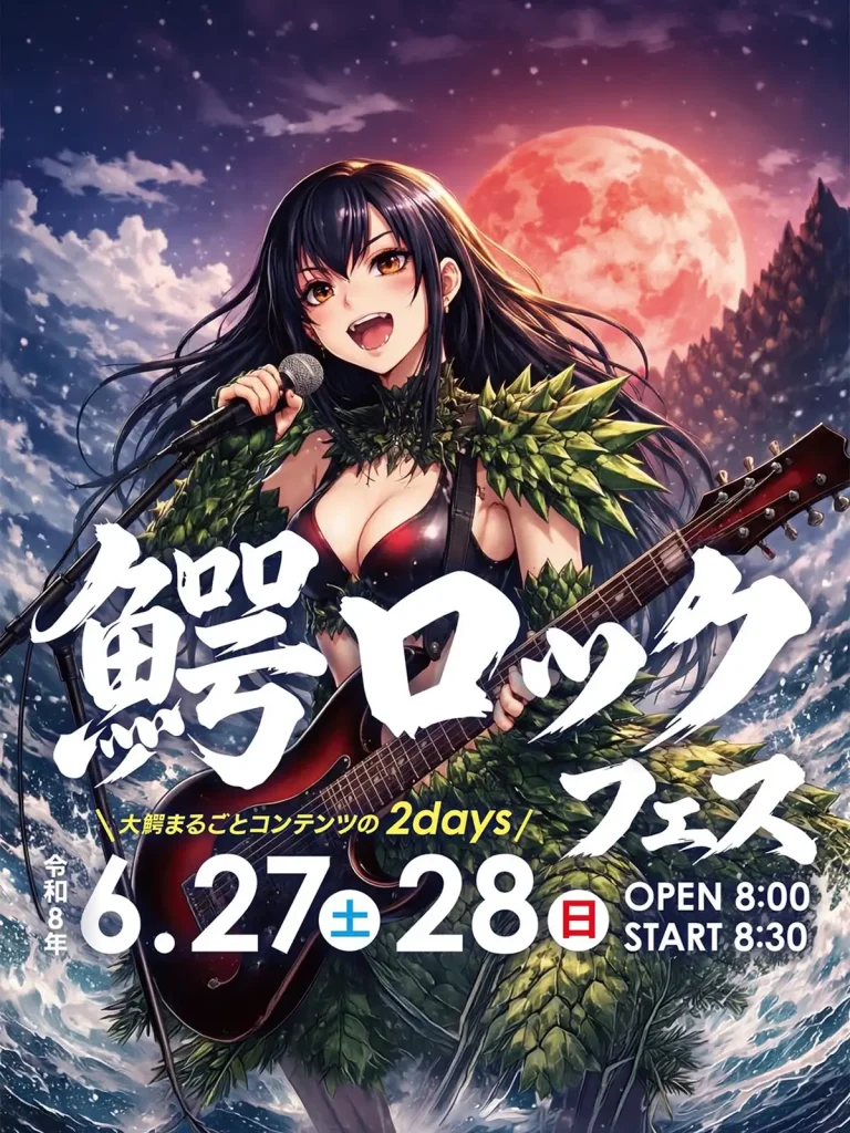鰐ロックフェスポスター 青森県大鰐町 ギターを持ったキャラクターのイラスト