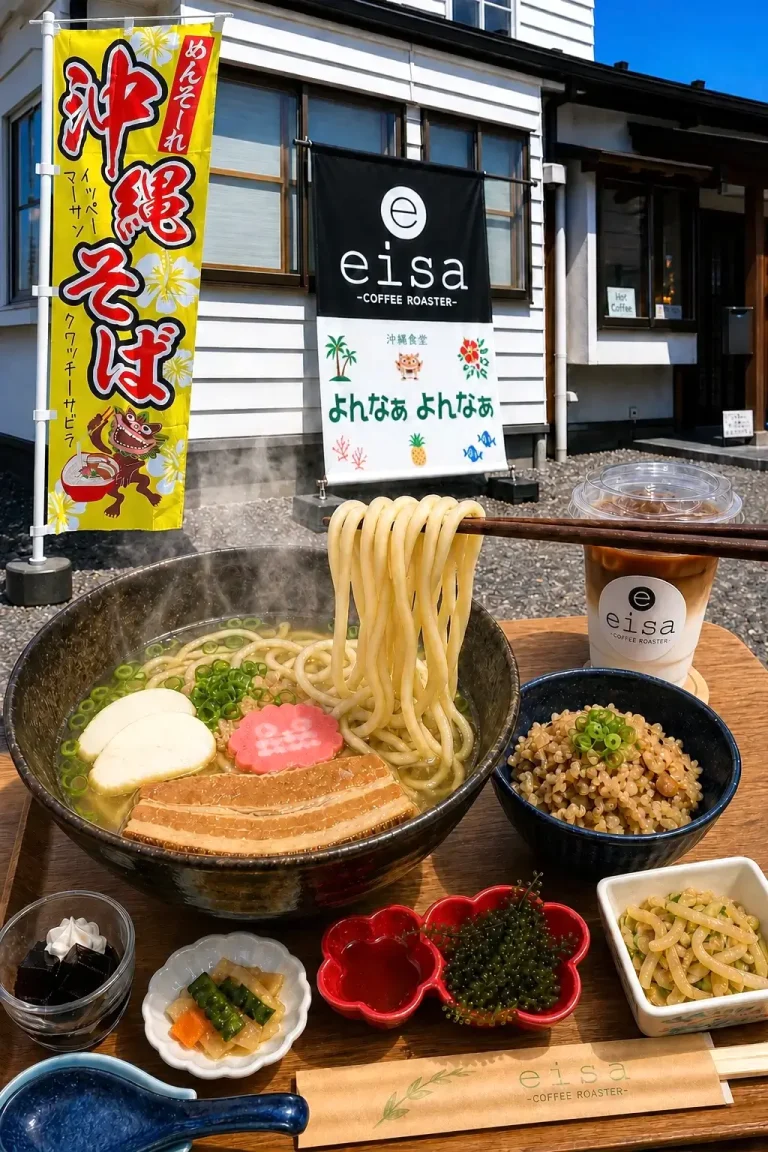 沖縄食堂 よんなぁ よんなぁ & eisa COFFEE ROASTERの沖縄そば定食と店舗外観
