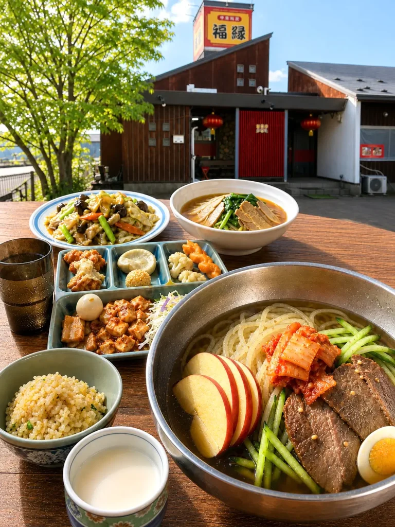 中華料理 福縁 1 中華料理 福縁のランチメニューと中華料理の盛り合わせ