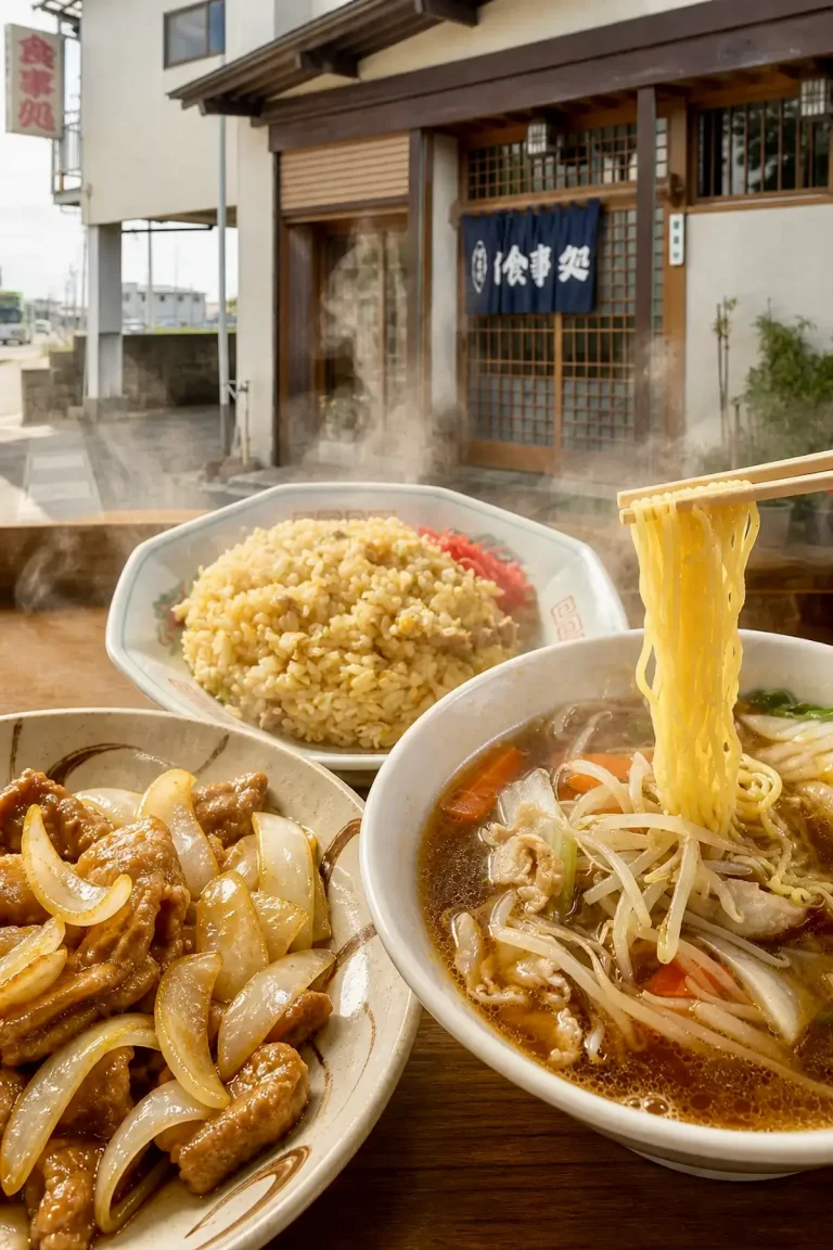 大栄食堂 1 十和田市東十四番町の大栄食堂の外観とチャーハン、ダルラーメン