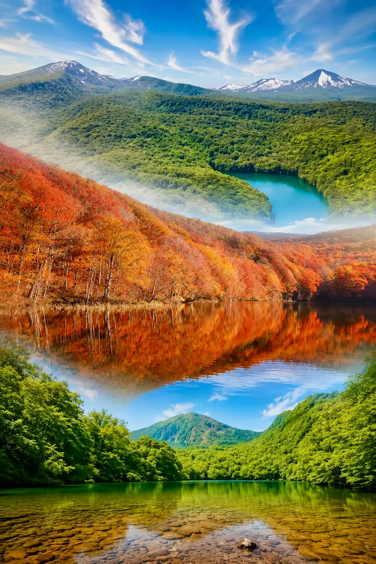 八甲田連峰の山並み、新緑の湖、紅葉に染まる蔦沼を組み合わせた四季の風景