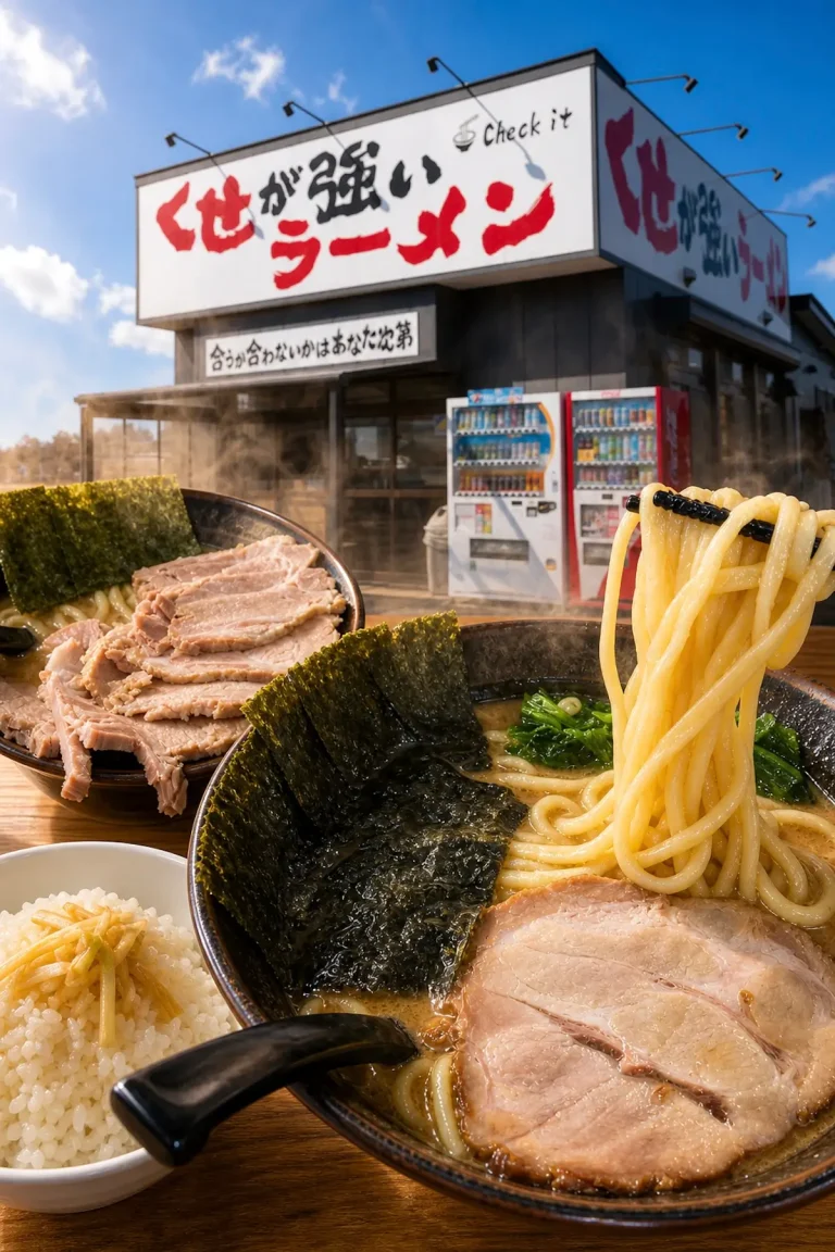 くせが強いラーメン Check itの店舗外観とラーメン