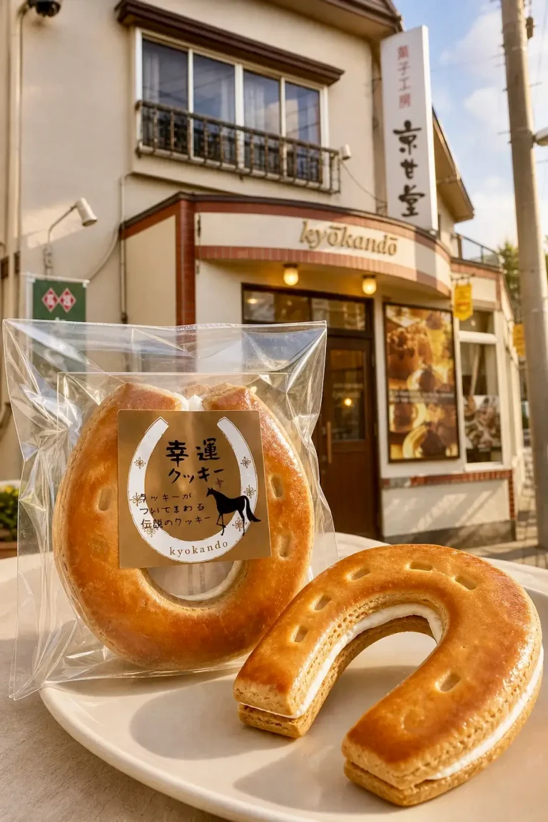 菓子工房 京甘堂の幸運クッキーと店舗外観