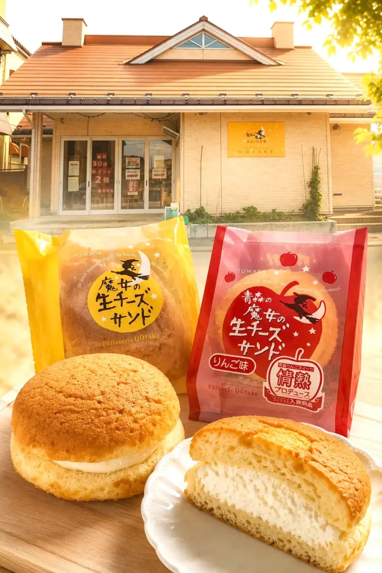魔女の生チーズサンドと青森の魔女の生チーズサンド・りんご味のパッケージと商品