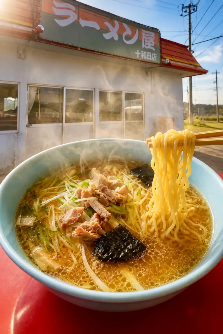 ラーメン屋 十和田店のラーメンを箸で持ち上げた写真