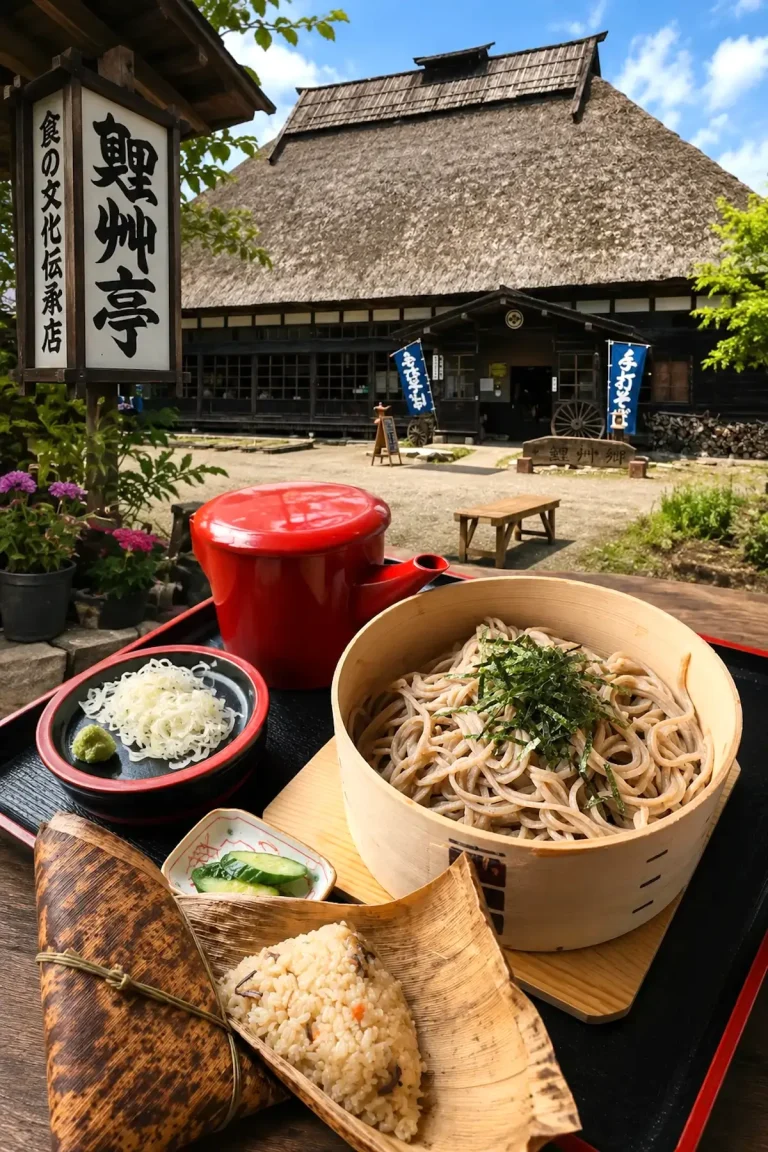 青森県十和田市の手づくり村 鯉艸郷内にある茅葺民家の食事処「鯉艸亭」と、そば・竹皮とりめしの食事写真