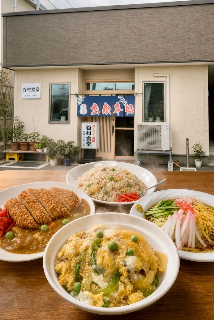谷村食堂 1 十和田市西一番町の谷村食堂の外観と、カツカレー、チャーハン、冷し中華、カツ丼などの食堂メニューを並べた紹介画像