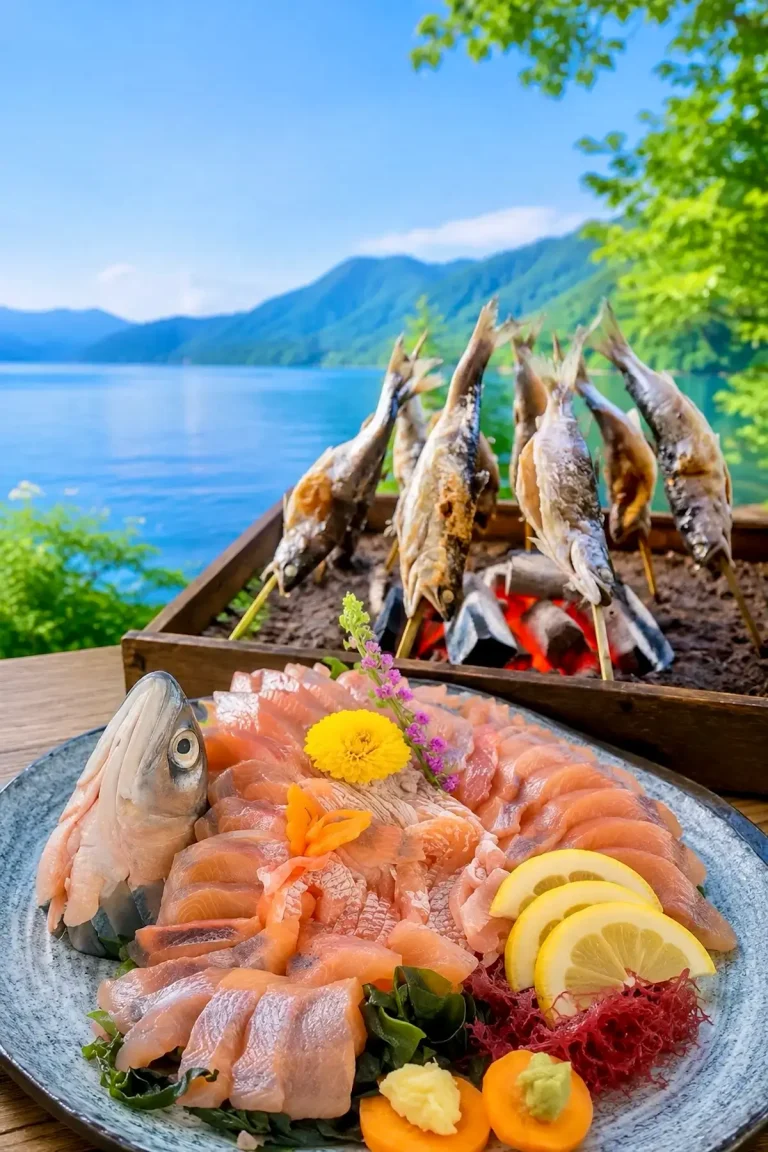 十和田湖の風景と十和田湖ひめます料理の広告ビジュアル