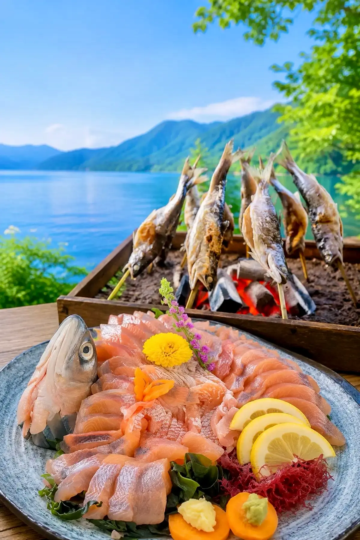 十和田湖の風景と十和田湖ひめます料理の広告ビジュアル