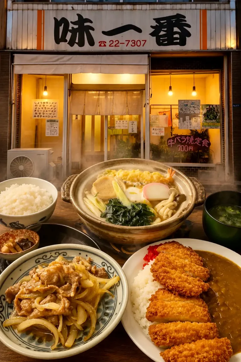 十和田市の食堂「味一番」の店舗外観と牛バラ焼き定食、ラーメン、定食メニュー