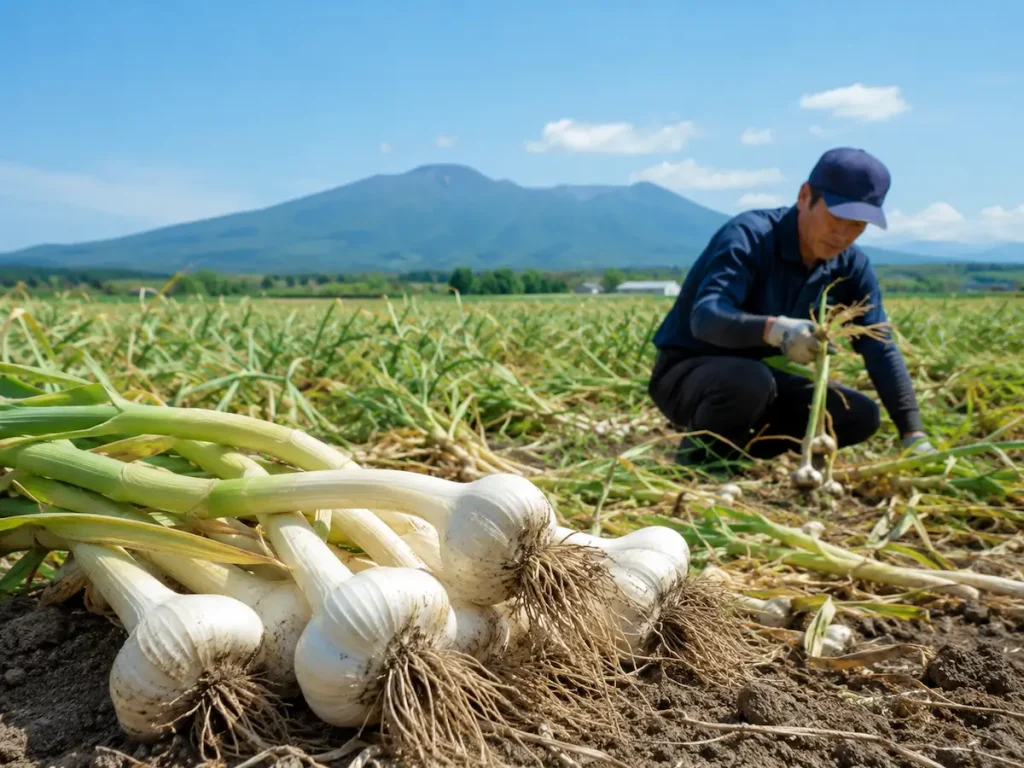 十和田市のにんにく畑で収穫作業をする生産者と大粒のにんにく