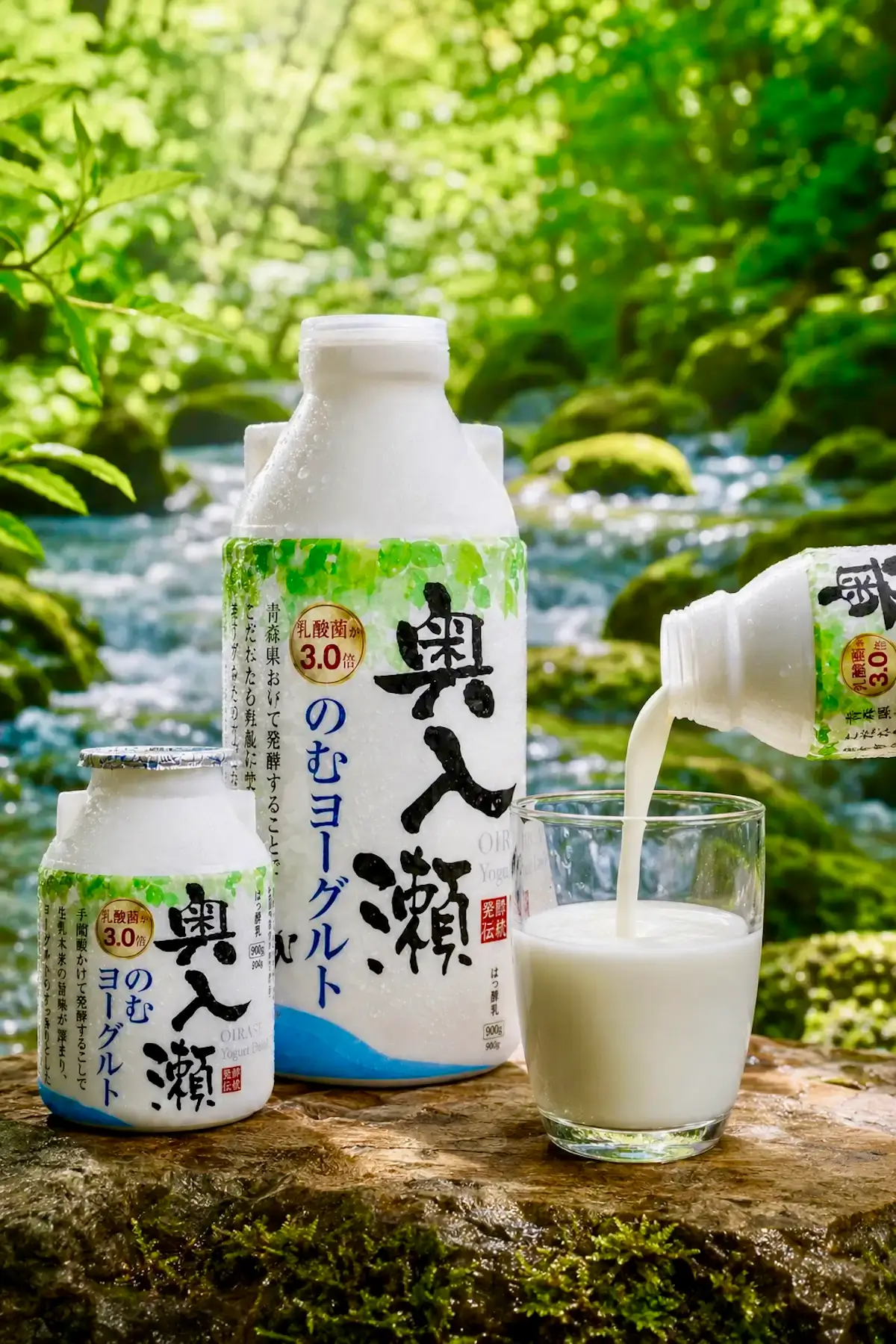 奥入瀬渓流を背景にした奥入瀬のむヨーグルトの大ボトルと小ボトル