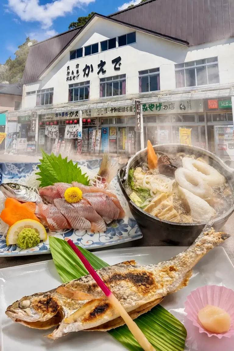 十和田湖畔・休屋のお食事処 かえでの外観とヒメマス料理、きりたんぽ