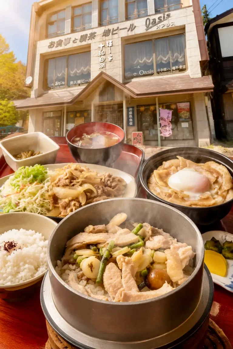 十和田湖畔・休屋の御食事処 神田川の外観と桃豚・比内地鶏・釜めし料理